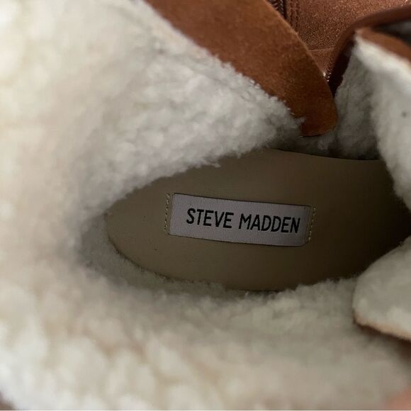 Steve Madden Lakes Wedge Sneaker Faux Fur Sherpa Trim Cognac Suede 8.5M Women's - Picture 13 of 13
